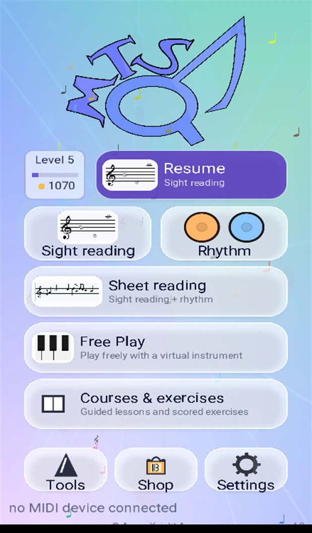 The home screen of MT Sound Quest: sight reading, rhythm, sheet reading, free play, courses and exercises.