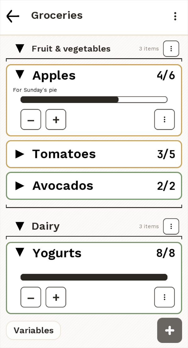 Counters with minus and plus buttons in a grocery note.