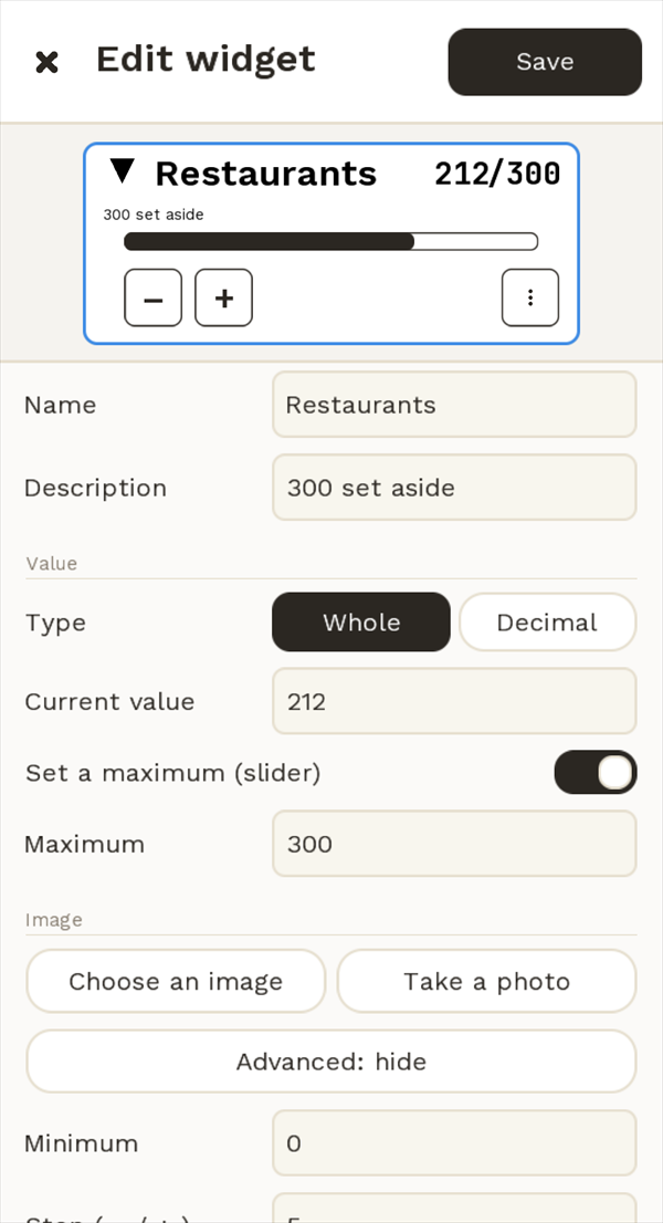 The editor of a value: name, description, maximum, picture, with a live preview at the top.